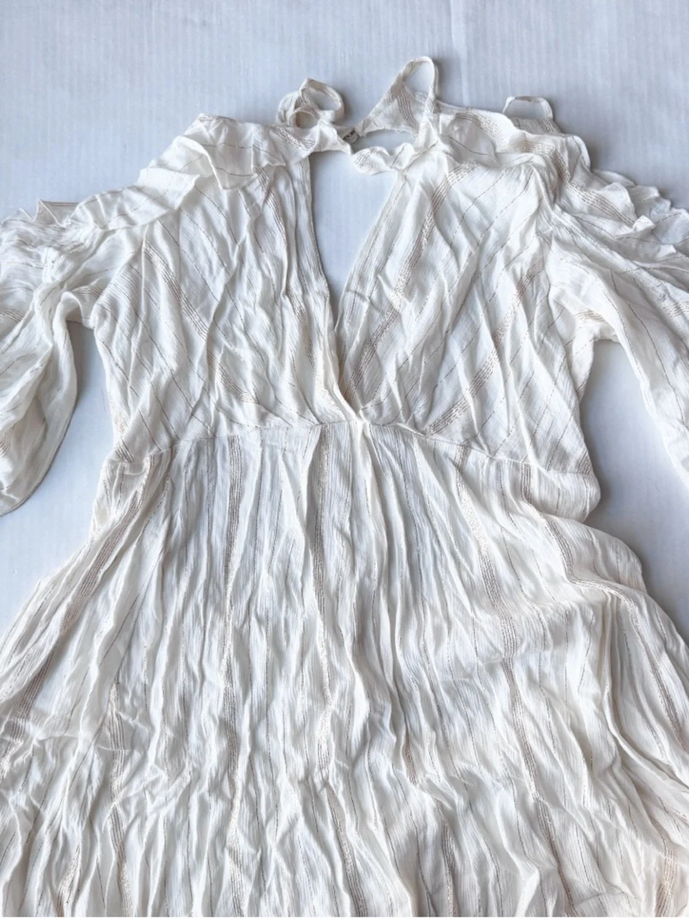 FREE PEOPLE Huxley Maxi Dress Ruffle Cutout Open Back Metallic Stripe Boho Sz M - Picture 7 of 15